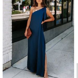 INVITE ONLY SATIN ONE SHOULDER MAXI DRESS - NAVY